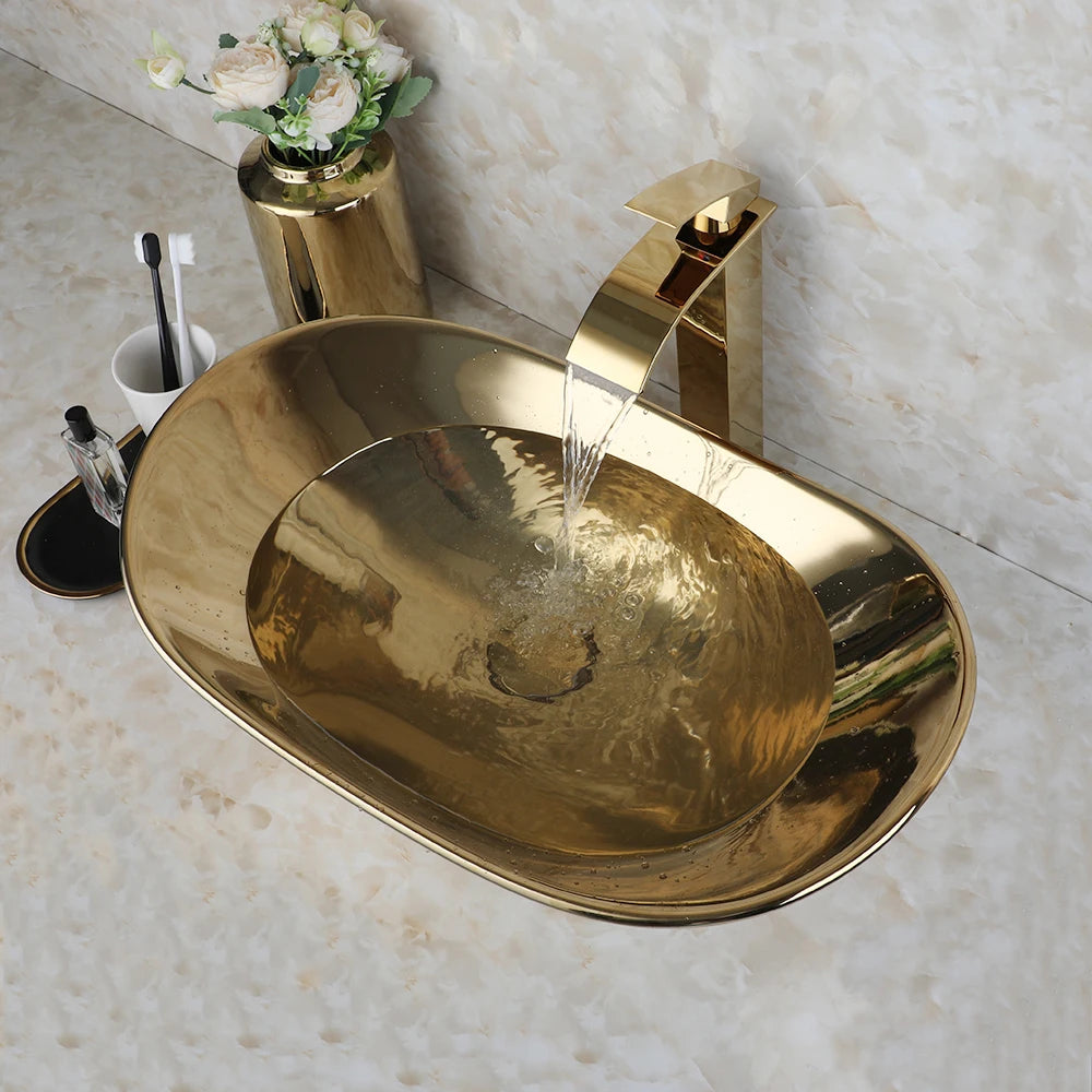 Torayvino Vessel Sink Ceramic Bathroom Set With Faucets And Drain