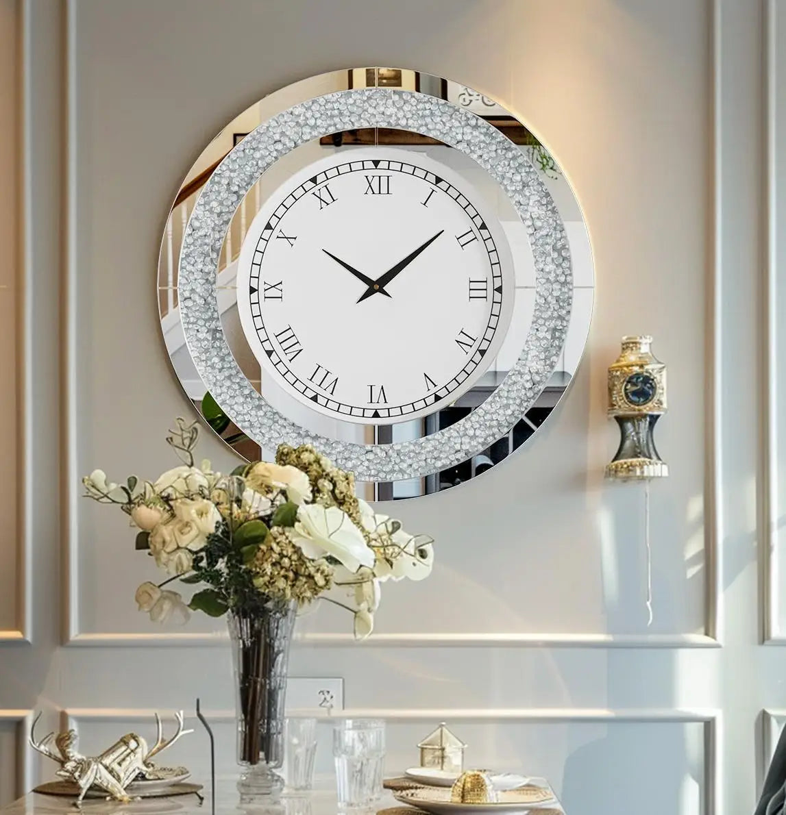 Bling Round Mirror Wall Clock Glam Sparkle Decor For Home