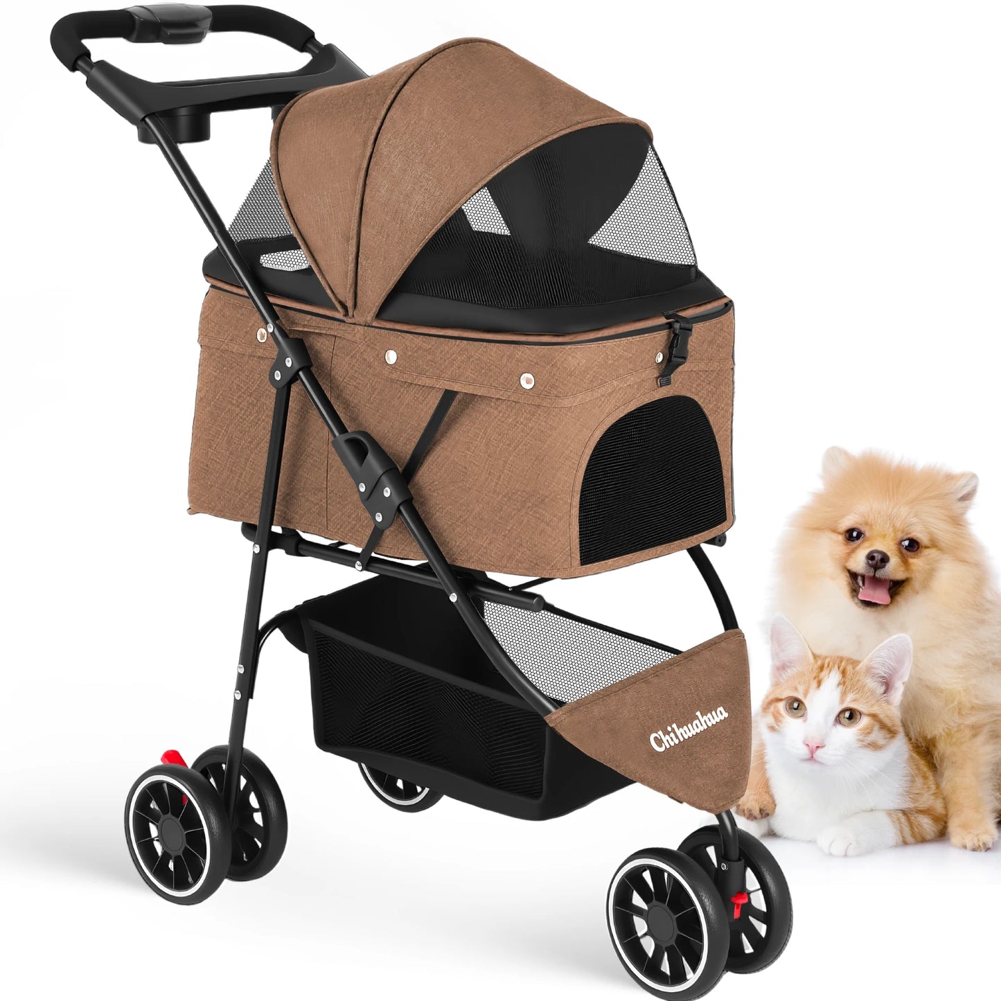 Chihuahua Pet Stroller 3 Wheel Foldable Carrier With Mesh Canopy