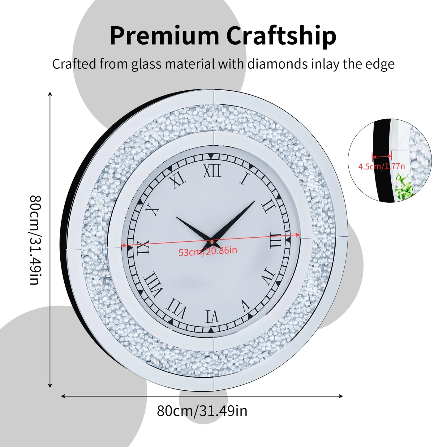 Bling Round Mirror Wall Clock Glam Sparkle Decor For Home