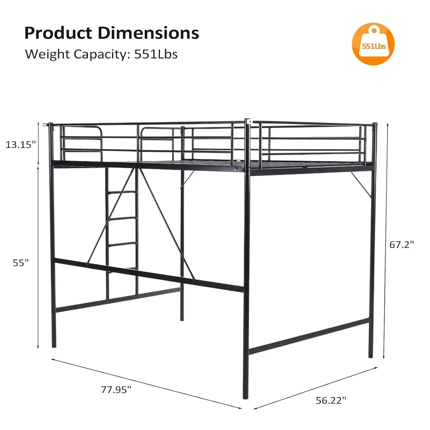 Loft Bed With Flat Rungs And Heavy Duty Metal Slats