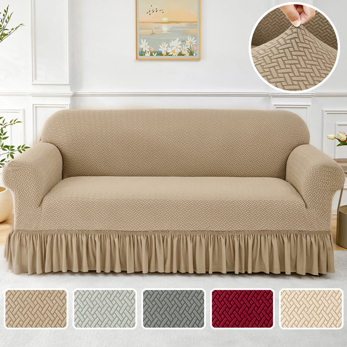 Jacquard Elastic Polyester Sofa Cover With Skirt Non Slip Protector