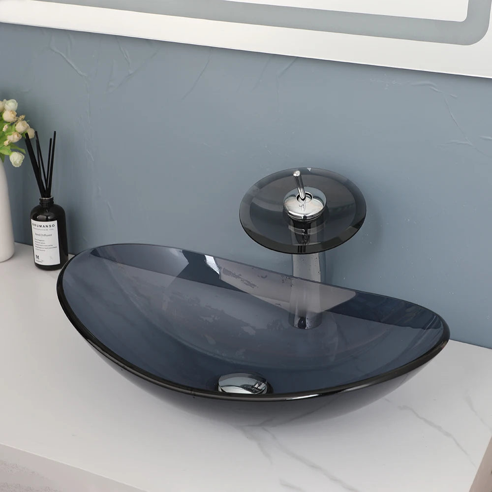 MEKKHALA Oval Tempered Glass Vessel Sink With Waterfall Faucet