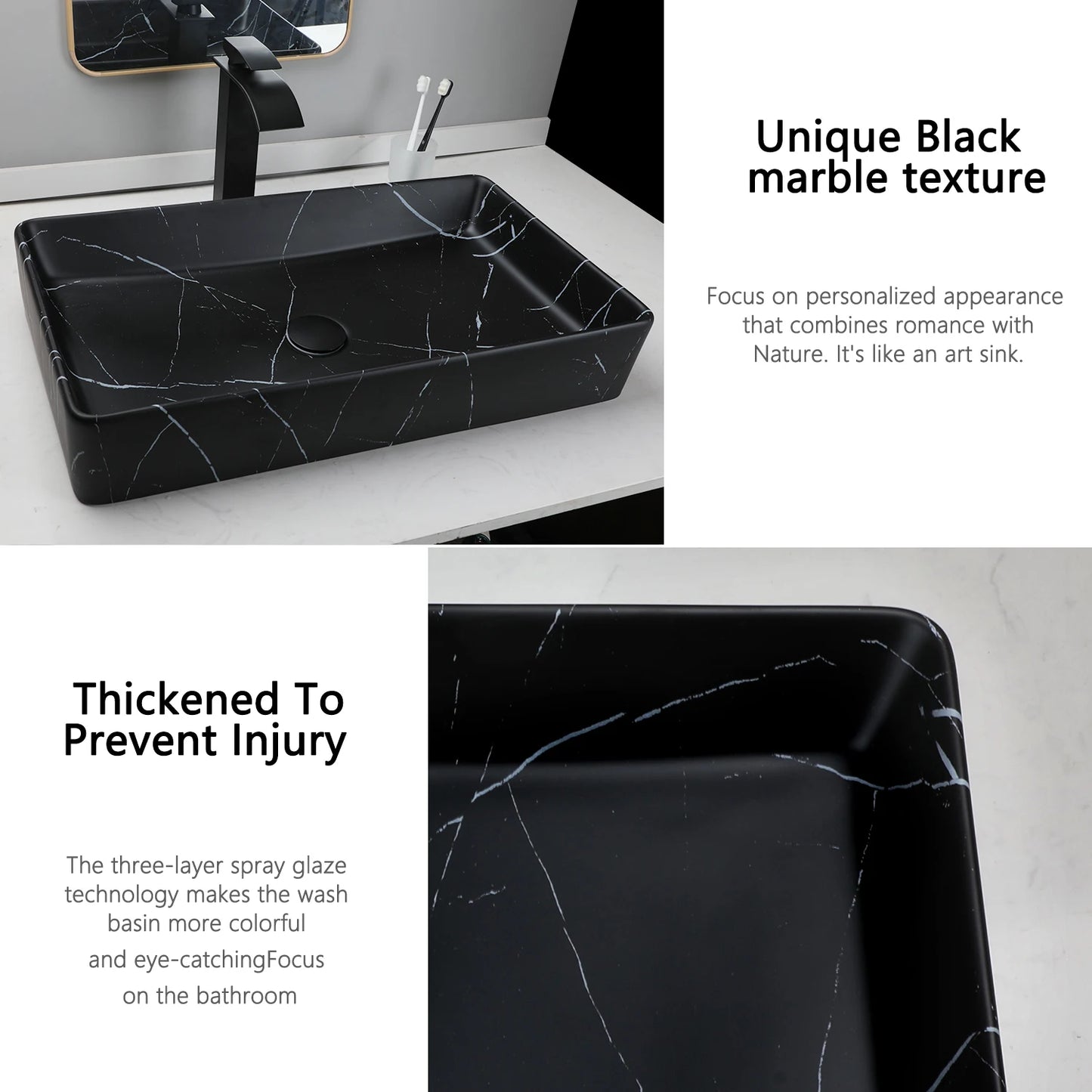 KEMAIDI Rectangular Marble Vanity Vessel Sink Above Counter Bathroom Faucet Set