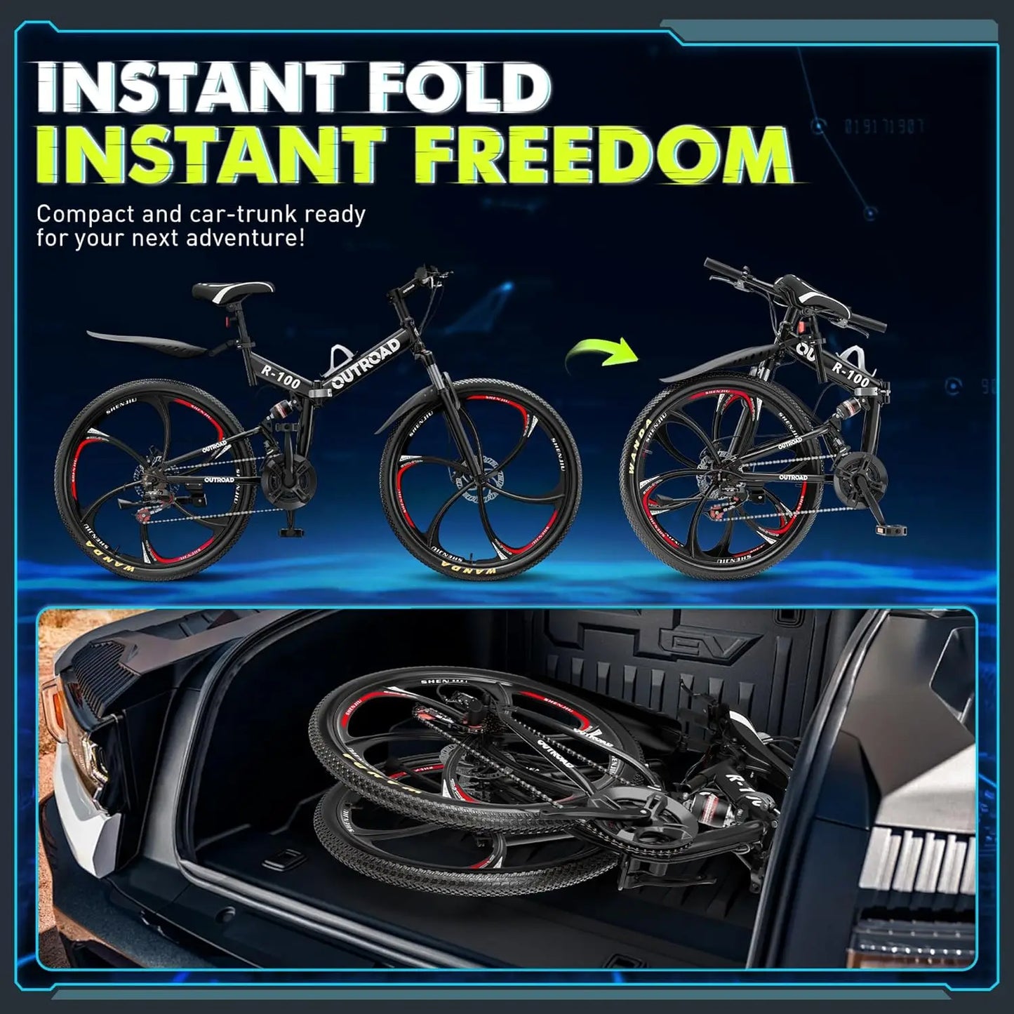 Folding Mountain Bike 21 Speed Drivetrain Dual Suspension And Disc Brakes