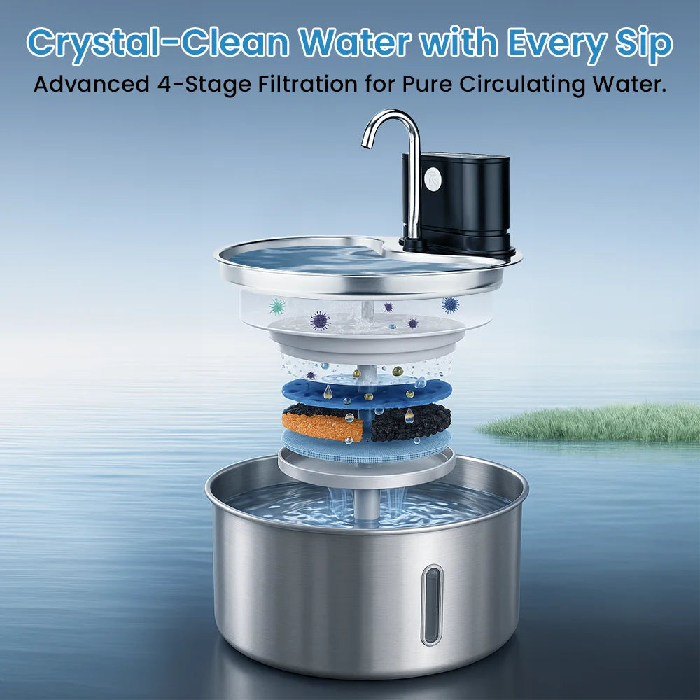 Cityflee Stainless Steel Cat Water Fountain With Smart Dispenser