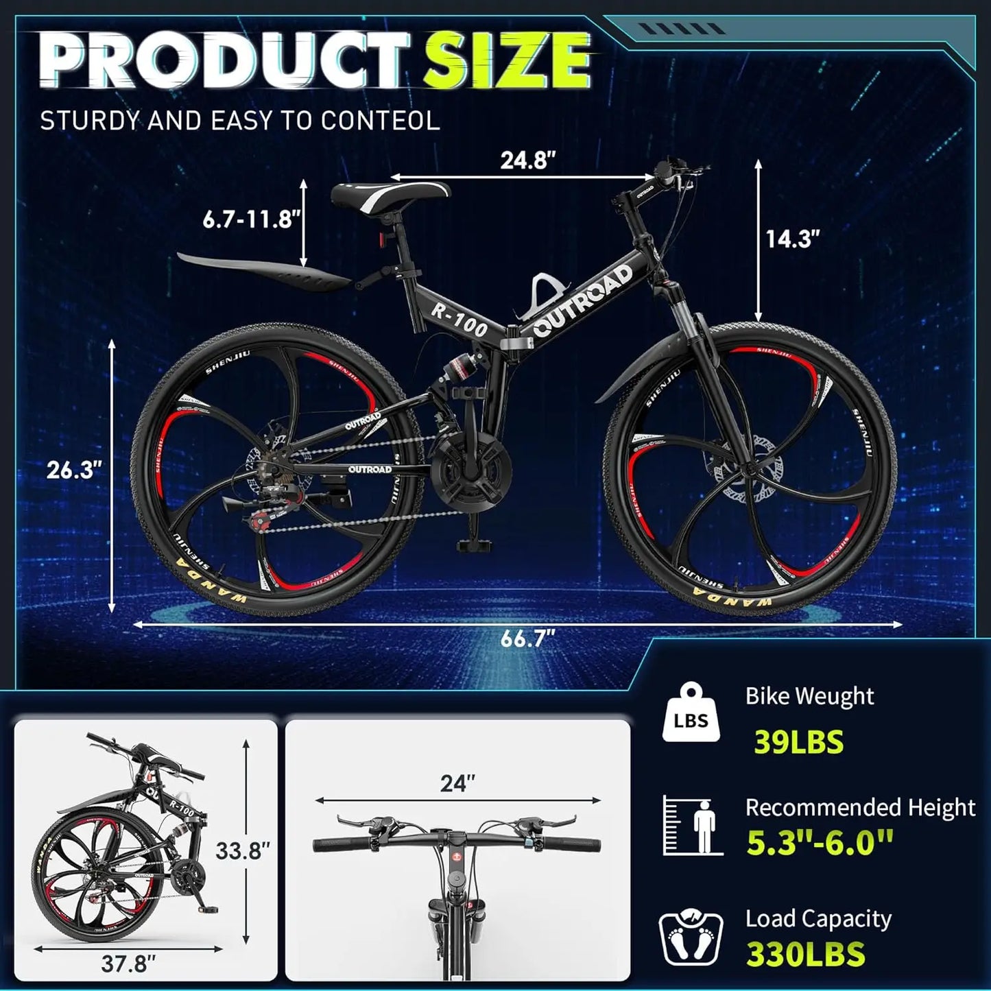 Folding Mountain Bike 21 Speed Drivetrain Dual Suspension And Disc Brakes