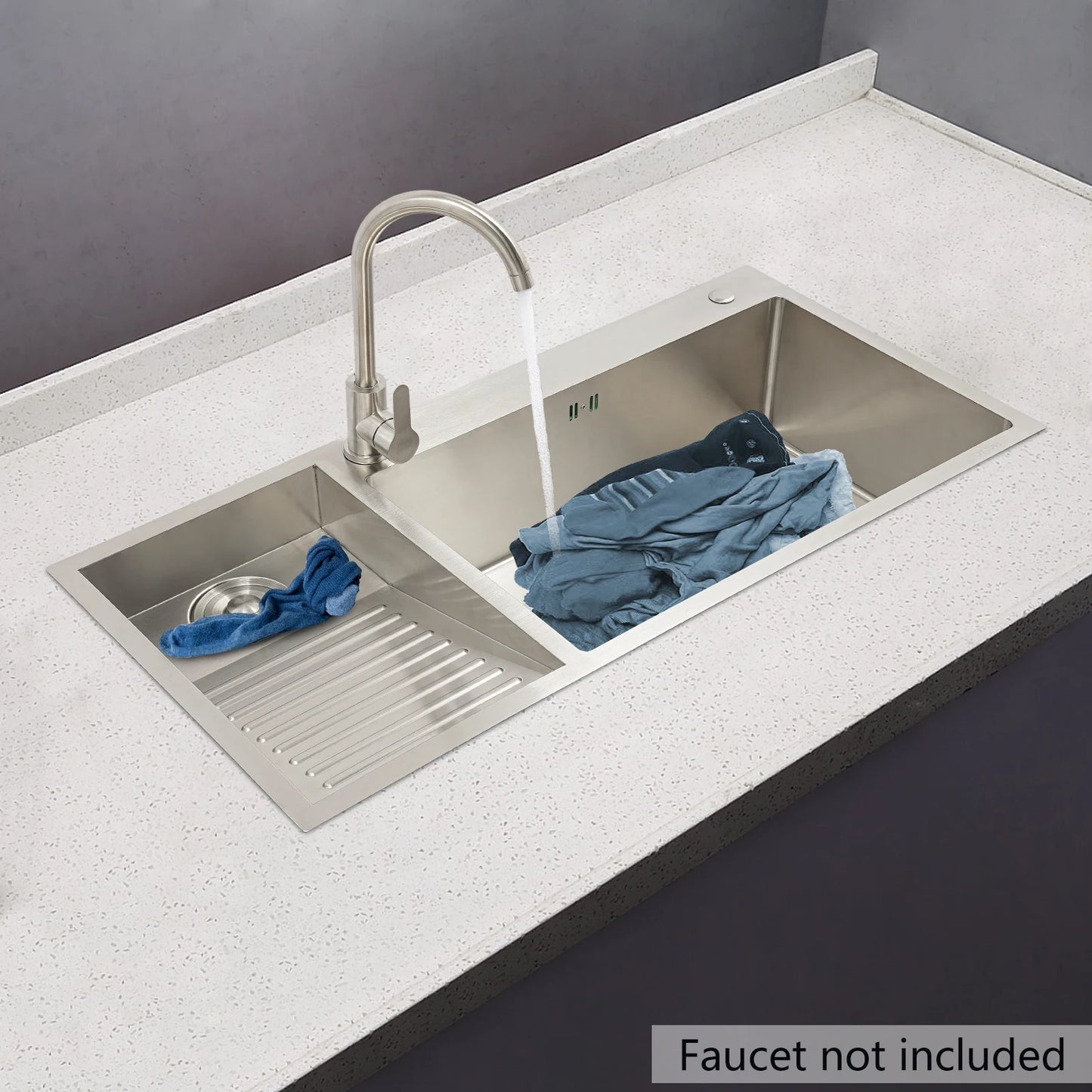 Stainless Steel Laundry Utility Sink With Two-Hole Washboard And Faucet