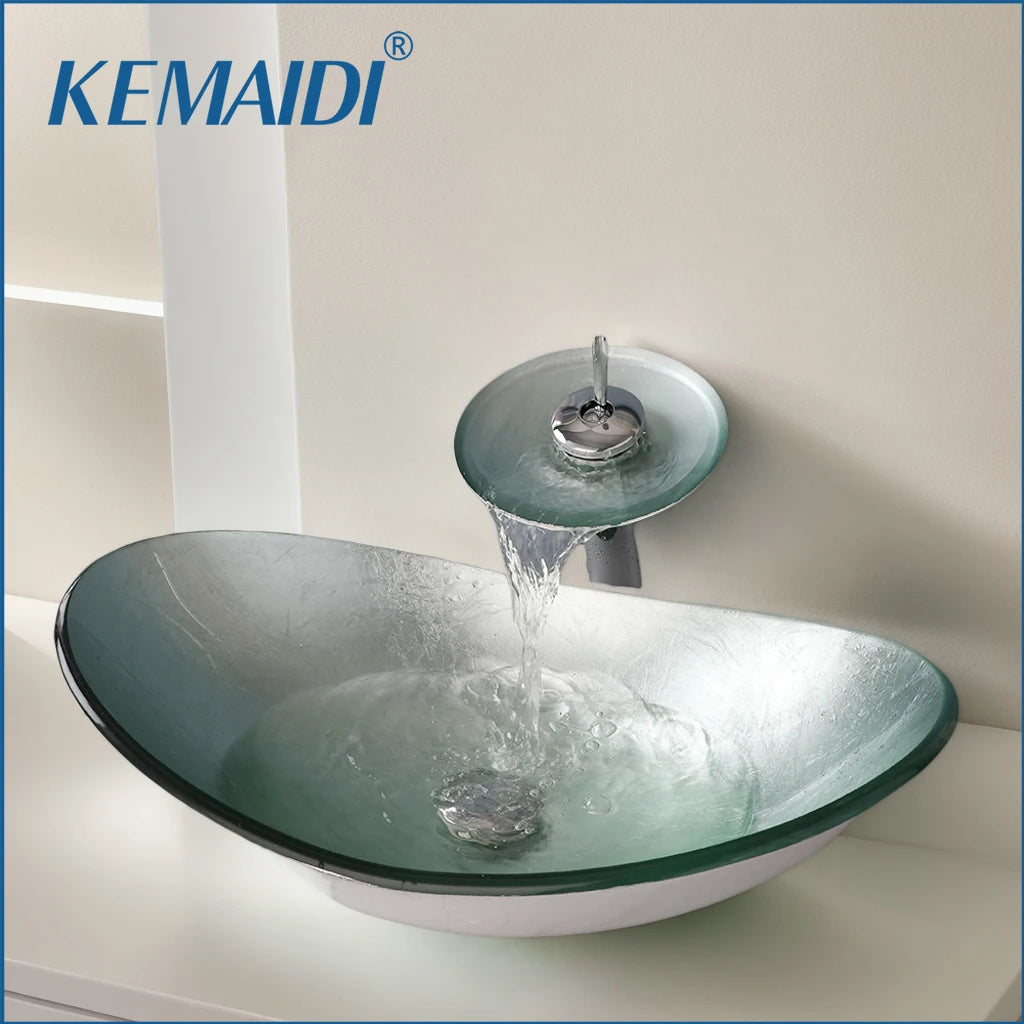 KEMAIDI Tempered Glass Bathroom Sink With Waterfall Faucet Countertop Basin