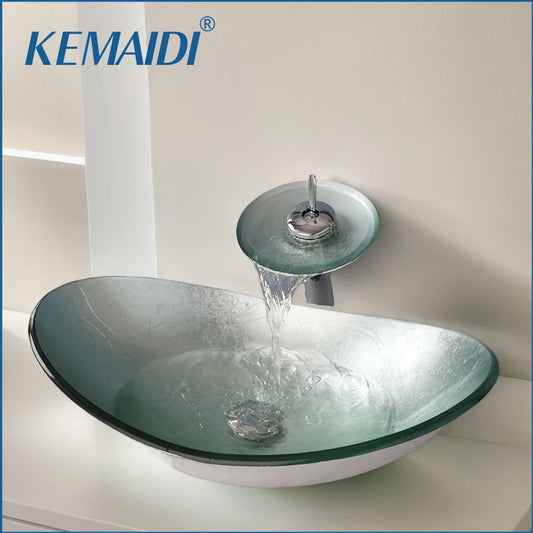 KEMAIDI Tempered Glass Bathroom Sink With Waterfall Faucet Countertop Basin