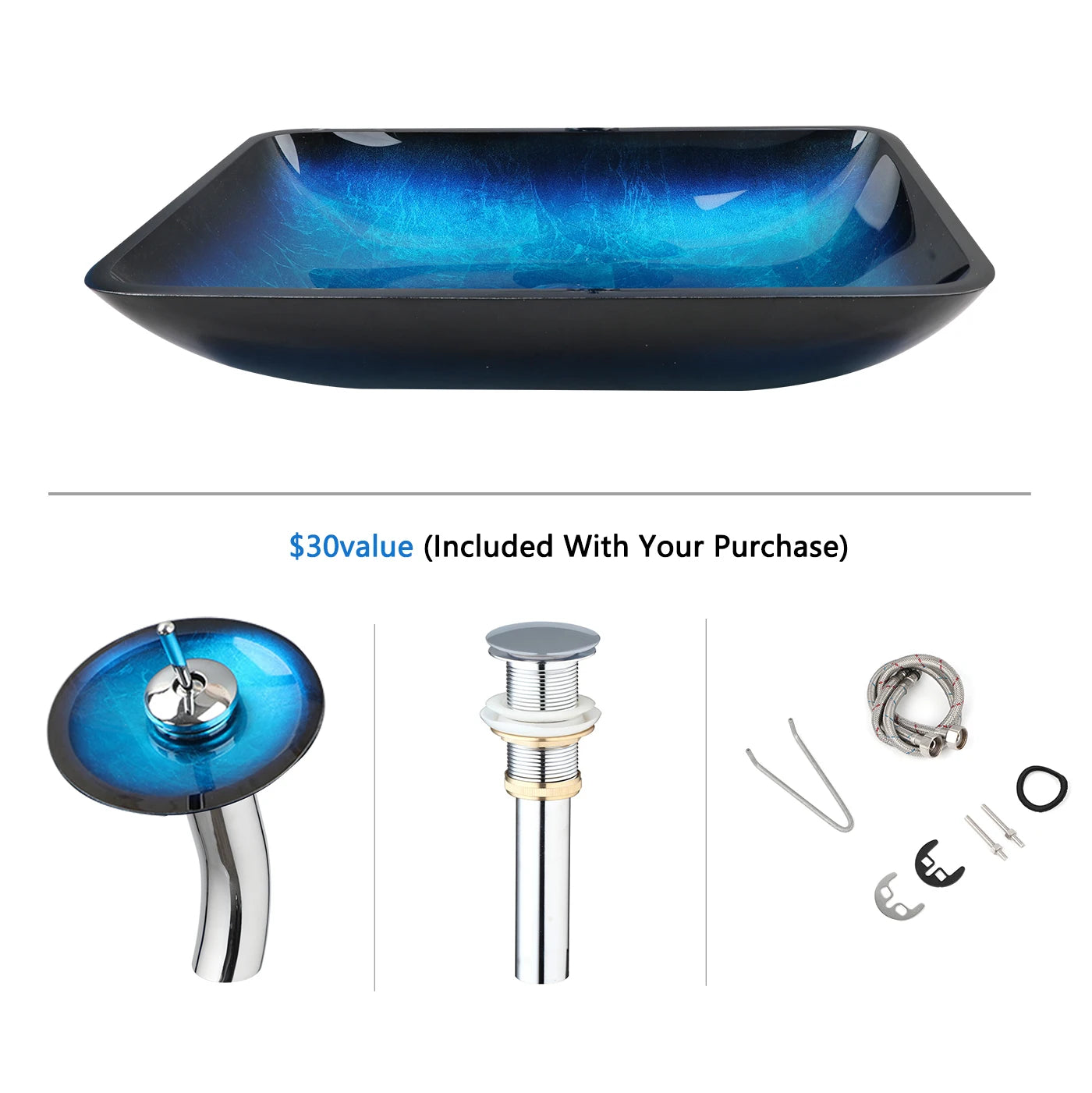 YANKSMART Tempered Glass Basin Sink With Faucet Set For Bathroom