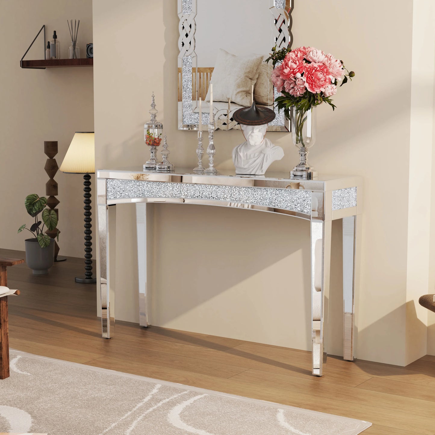Wisfor Mirrored Desk Console Table With Crystal Inlay Living Room
