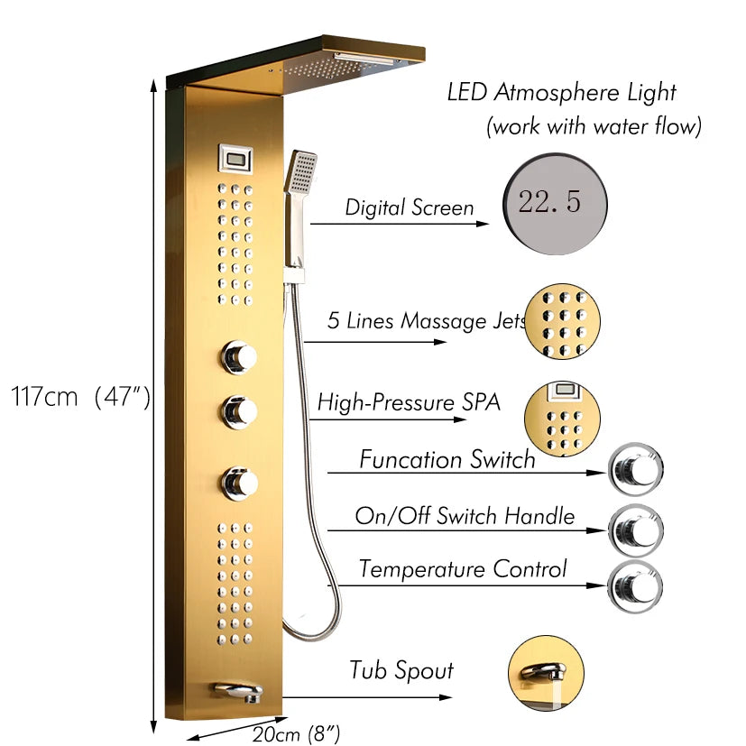 MEKKHALA Multifunctional Shower Panel Tower With Rainfall Massage Jets