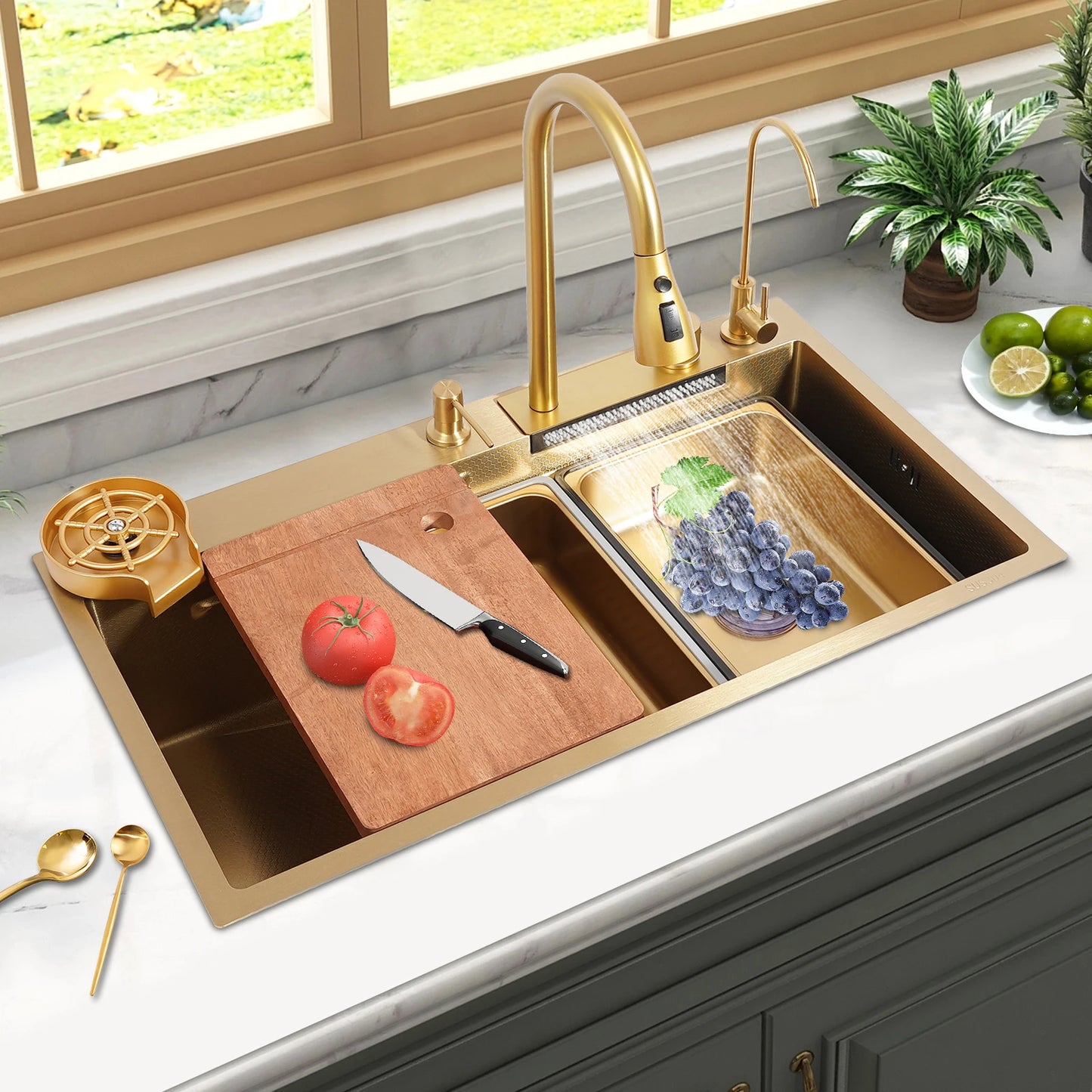 Bymaocar Drop In Waterfall Kitchen Sink Stainless Steel Glass Rinser