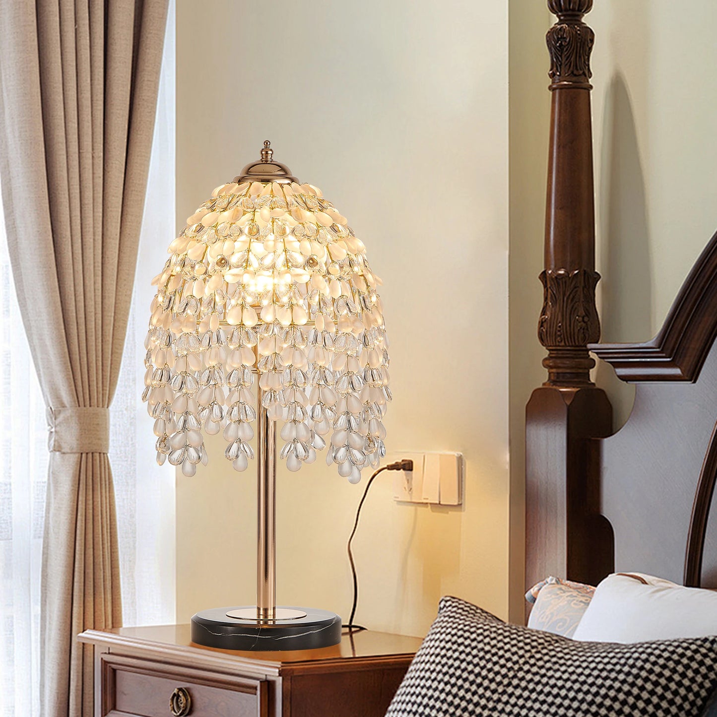 Elegant Crystal Table Lamp With Bead String Shades Marble Base