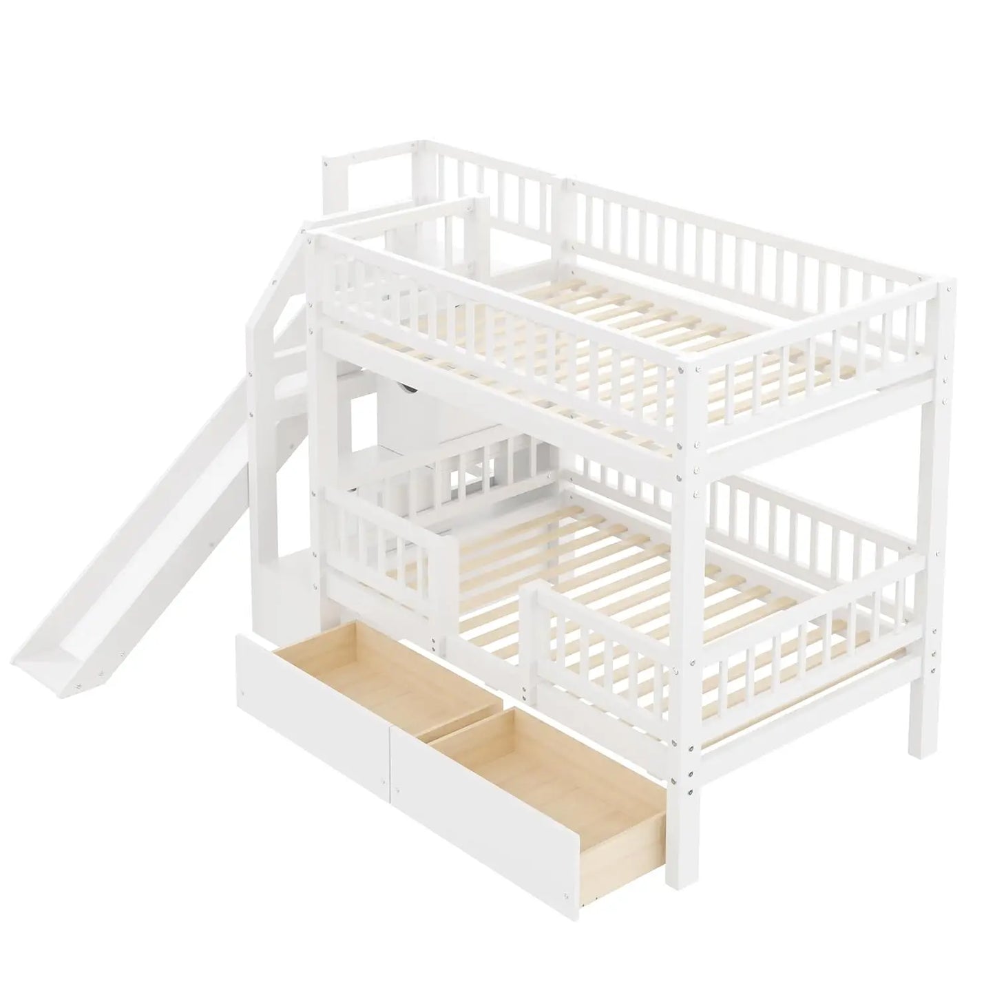 Twin Over Twin Bunk Bed With Slide And Storage Drawers