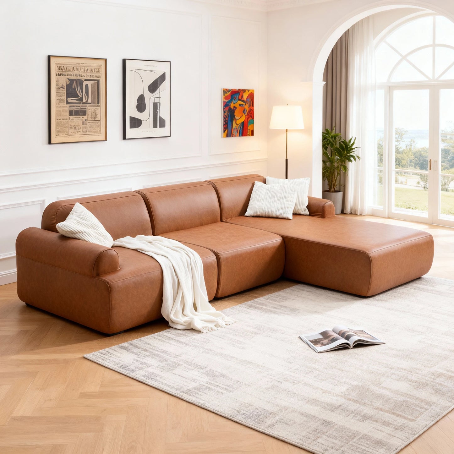 L-Shaped Modular Leather Sofa for Large Spaces Featuring Deep Seats