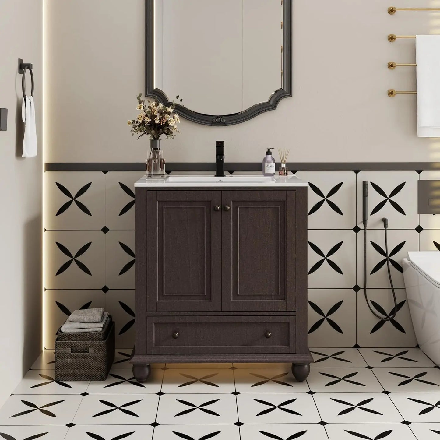 Retro Painted Bathroom Vanity And Sink With Matte Faucet