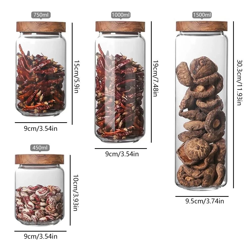 Glass Airtight Canister Set With Wood Lids For Kitchen