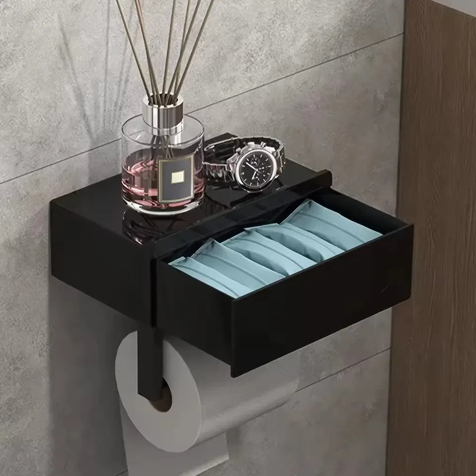 Wall Mounted Toilet Paper Holder With Shelf No Drill Bathroom Organizer