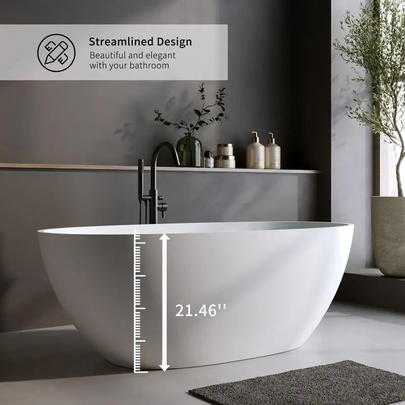 70.8" Matte White Solid Surface Soaking Tub, Stone Resin Freestanding Bathtub with Overflow, Pop-up Drain, Oval Design, Thick