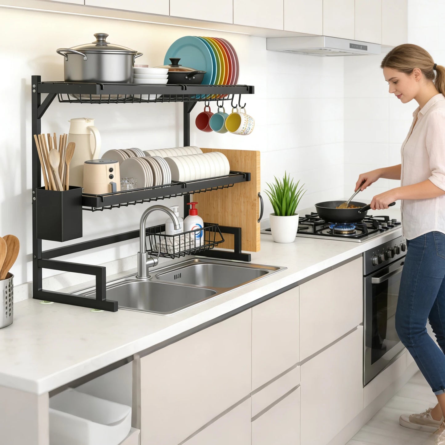 Sink-Mounted Multi-Tier Dish Drainer with Utensil Slots