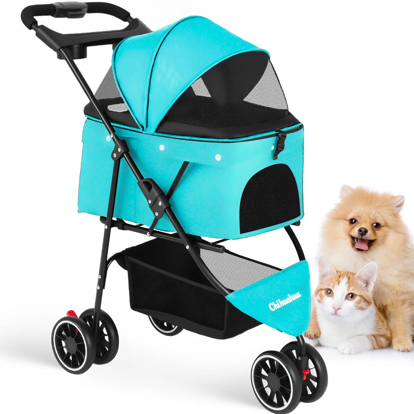 Chihuahua Pet Stroller 3 Wheel Foldable Carrier With Mesh Canopy