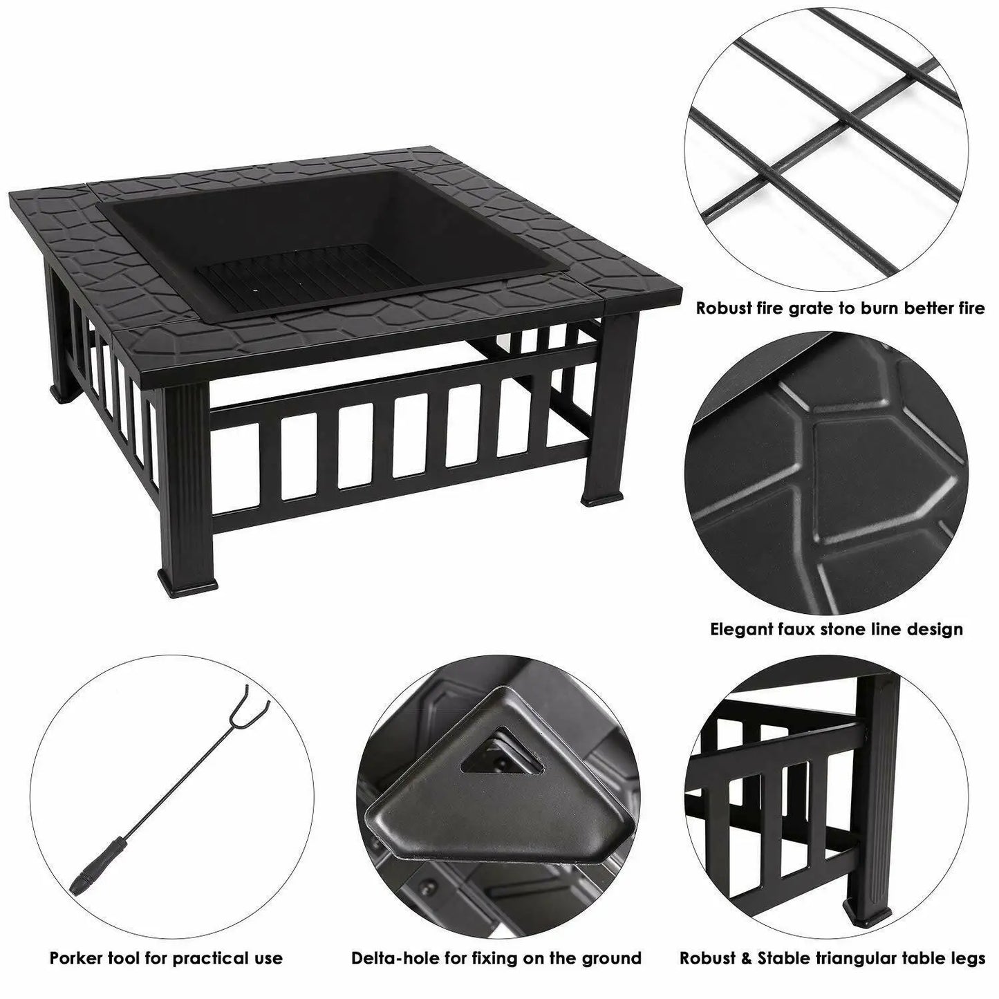 32'' Outdoor Fire Pit,Fireplaces,Wood Burning BBQ Table,Patio Garden Camping Stove with Stainless Steel Grill