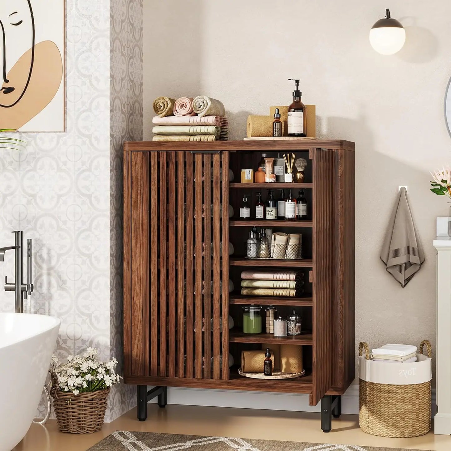 Six-Tier Wooden Bathroom Floor Cabinet With Louver Doors