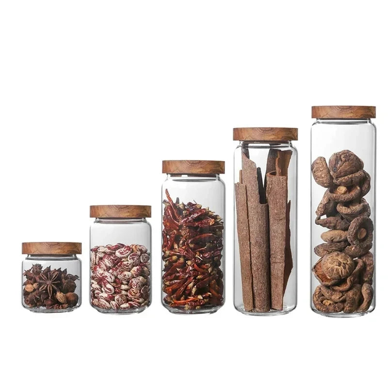 Glass Airtight Canister Set With Wood Lids For Kitchen