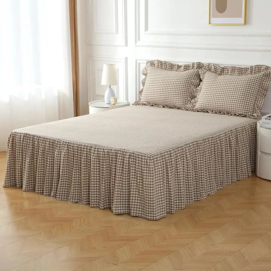 Washed Cotton Vintage Gingham Checkered Dust Ruffle Bed Skirt