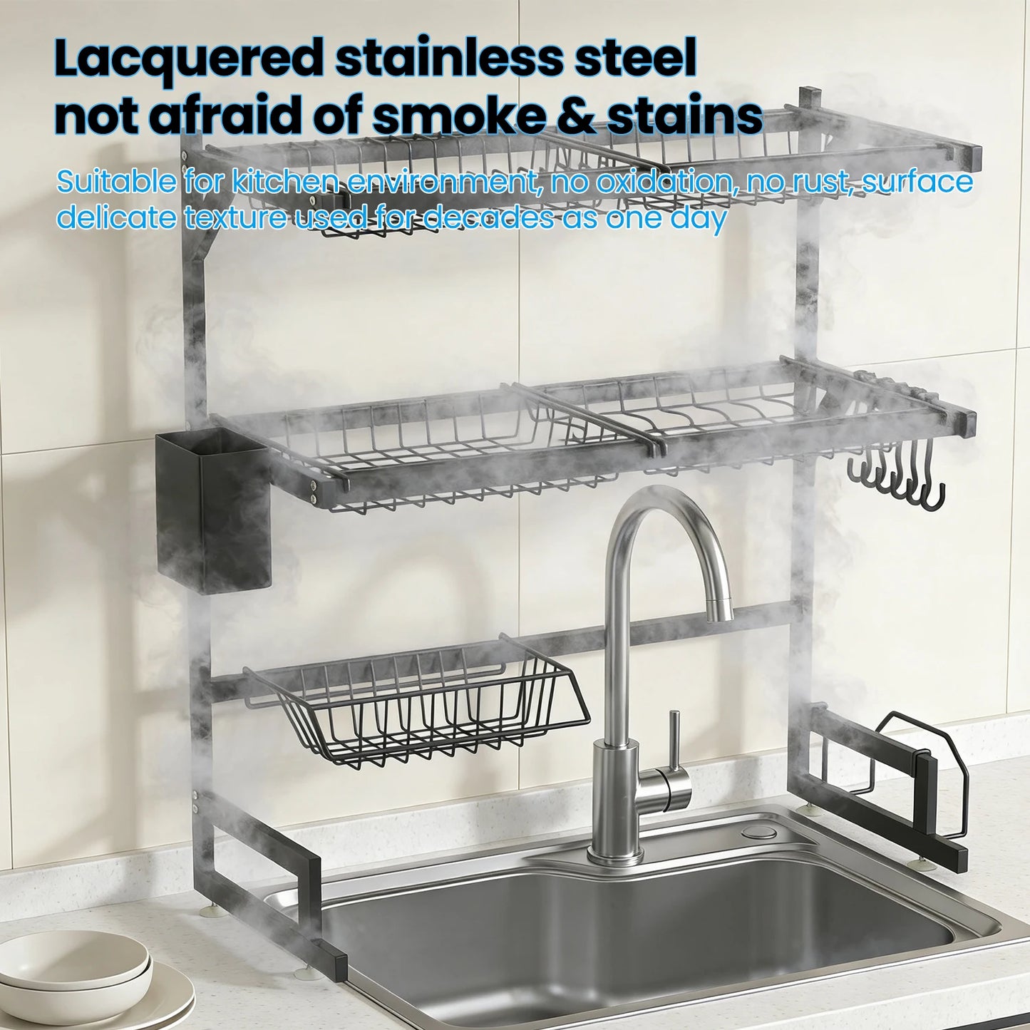 Sink-Mounted Multi-Tier Dish Drainer with Utensil Slots