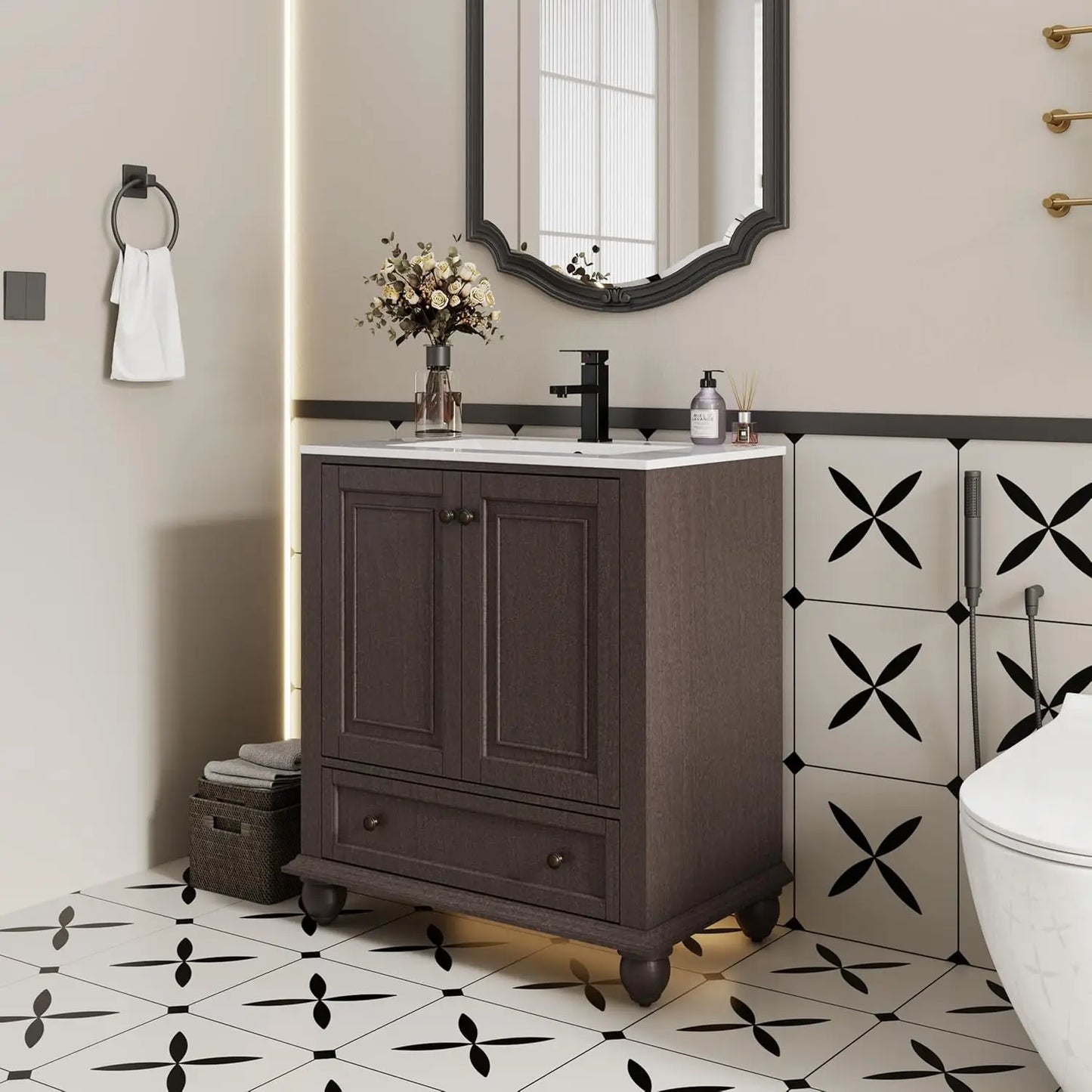 Retro Painted Bathroom Vanity And Sink With Matte Faucet