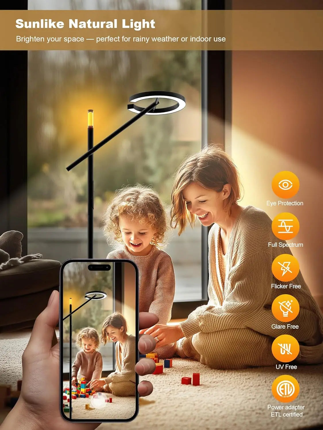 Smart Light Therapy Lamp, 10000 Lux UV-Free Sunlight, Dimmable Floor Lamp with App & Remote, Timer for Cozy Relaxation