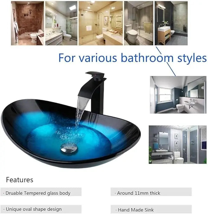 YANKSMART Tempered Glass Oval Sink Set With Pop Up Drain