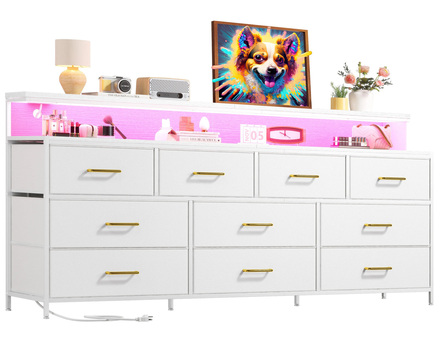 Smart Dresser With LED Lights, Power Outlets, Metal Frame, Fabric-Drawers
