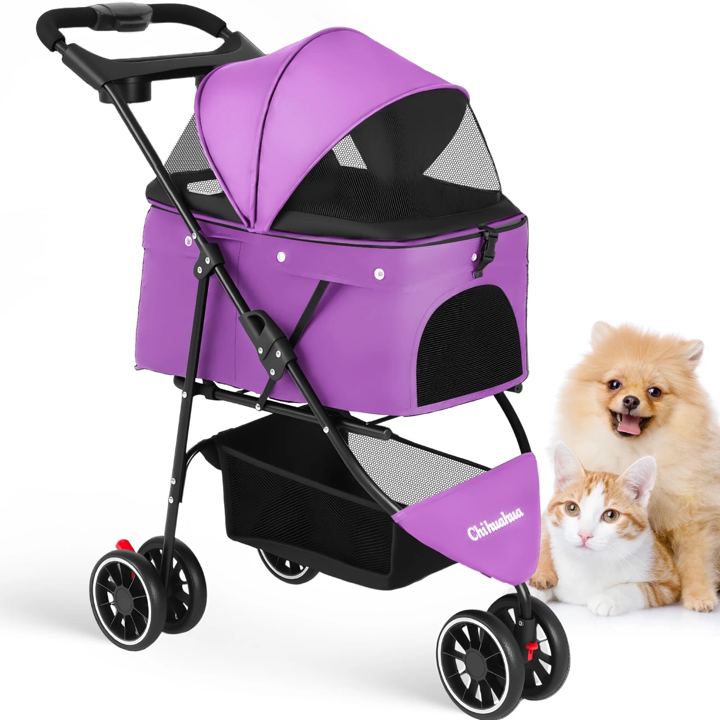 Chihuahua Pet Stroller 3 Wheel Foldable Carrier With Mesh Canopy