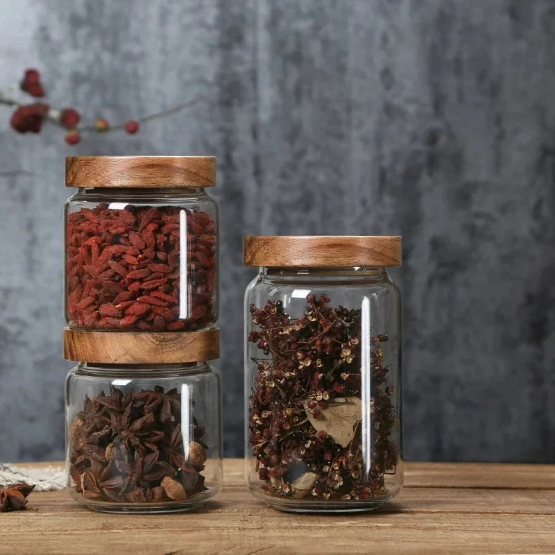 Glass Airtight Canister Set With Wood Lids For Kitchen