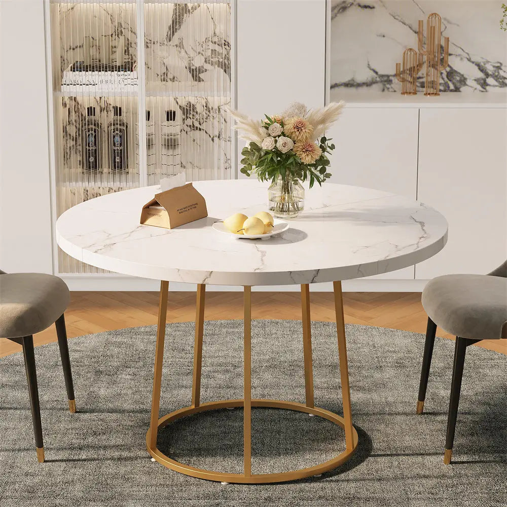 ONBRILL Round Dining Table for Four with Marble Pattern Base