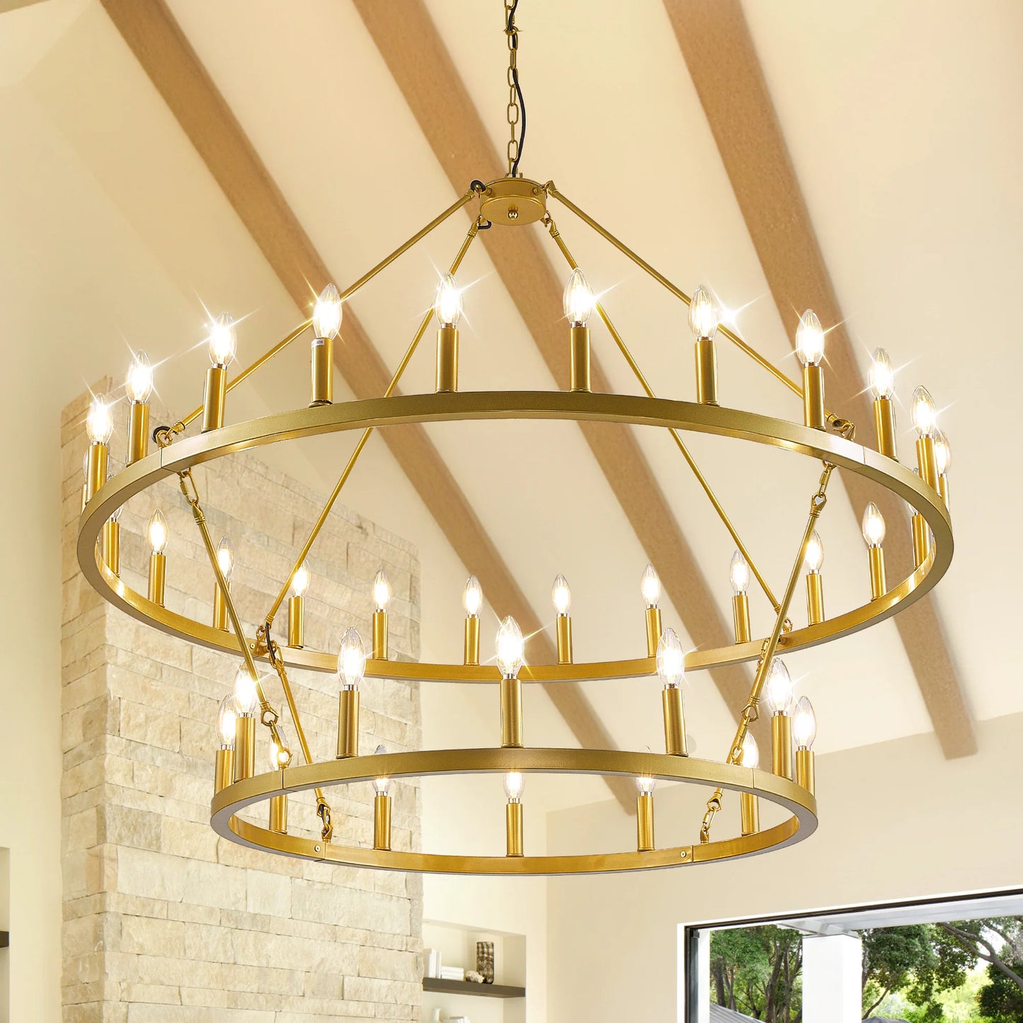 Farmhouse Wagon Wheel Chandelier 2 Tier 36 Light Pendant