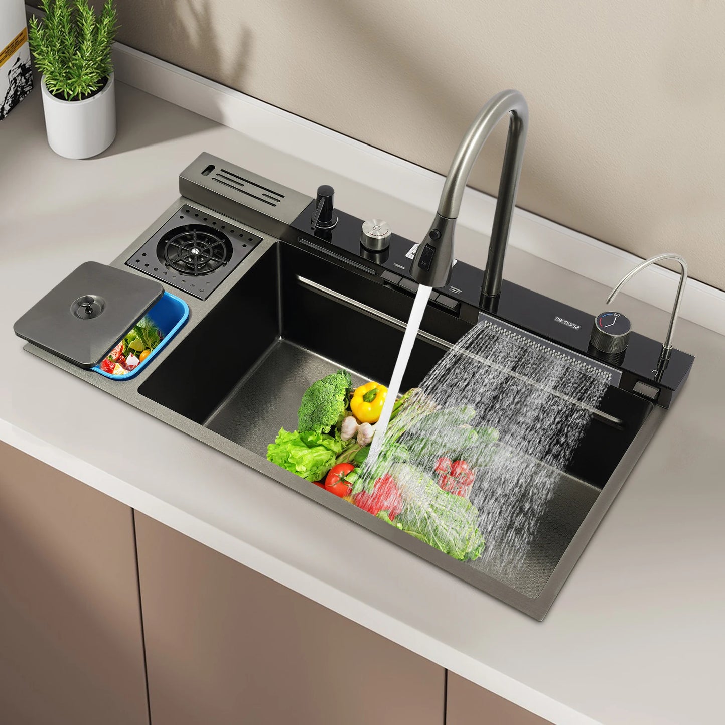 304 Stainless Steel Kitchen Sink Set With Digital Display Faucet