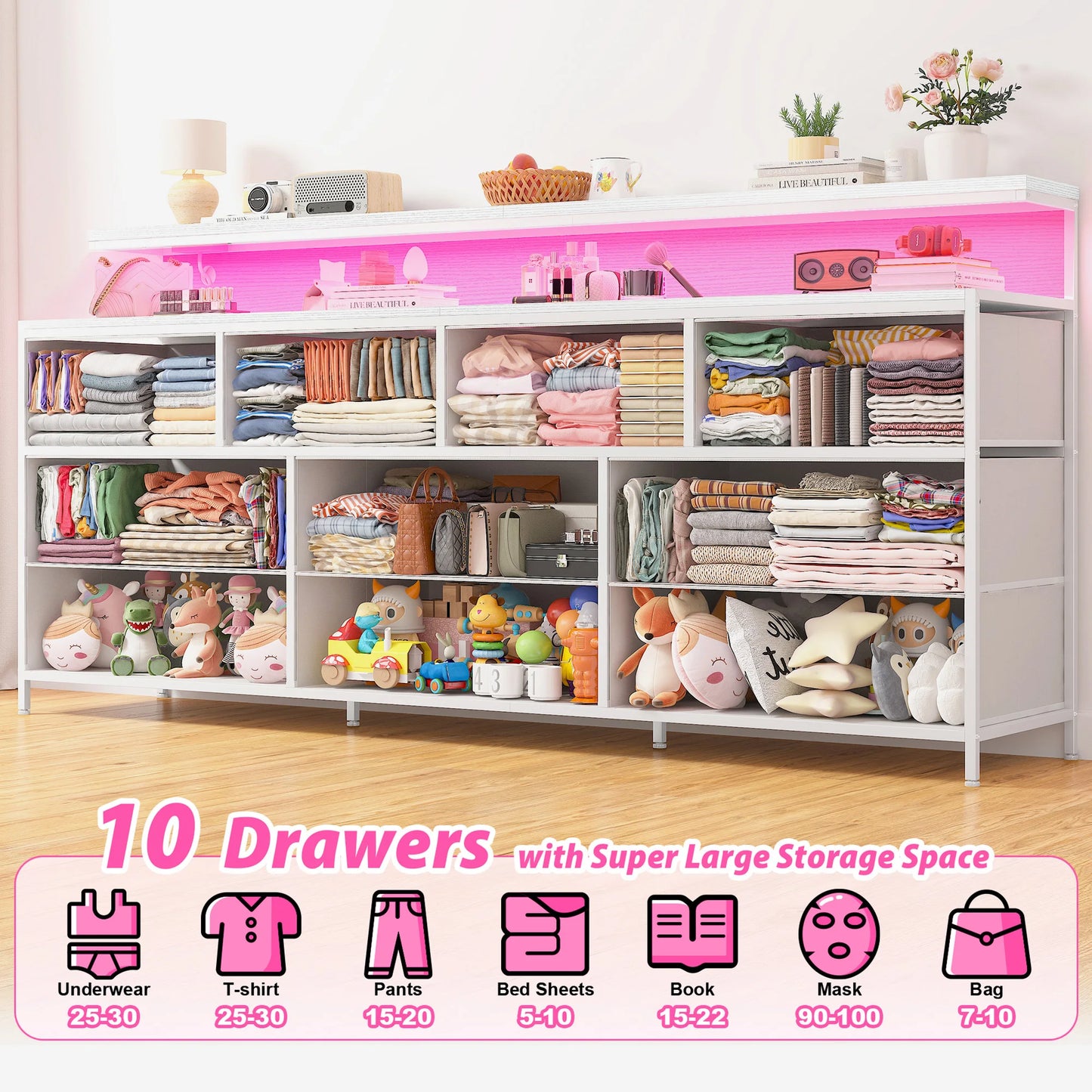 Smart Dresser With LED Lights, Power Outlets, Metal Frame, Fabric-Drawers