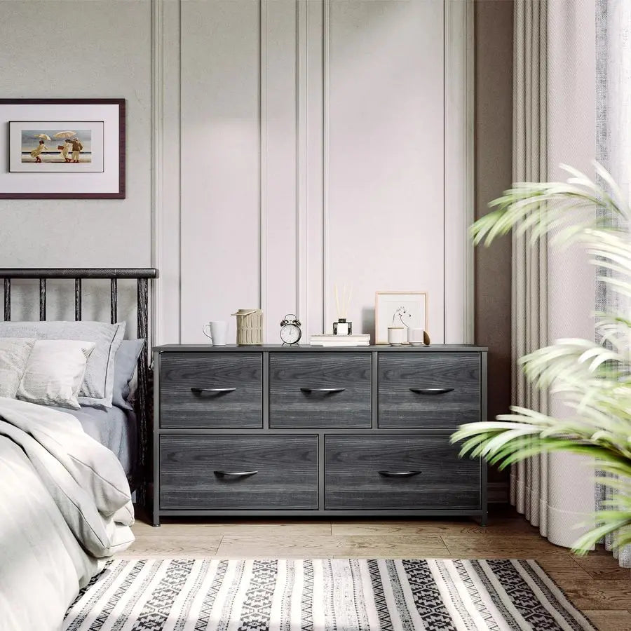 Five-Drawer Fabric Dresser With Wooden Top And Steel Frame
