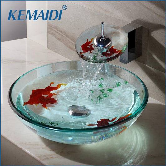 MEKKHALA Goldfish Pattern Tempered Glass Bathroom Basin Sink and Faucet