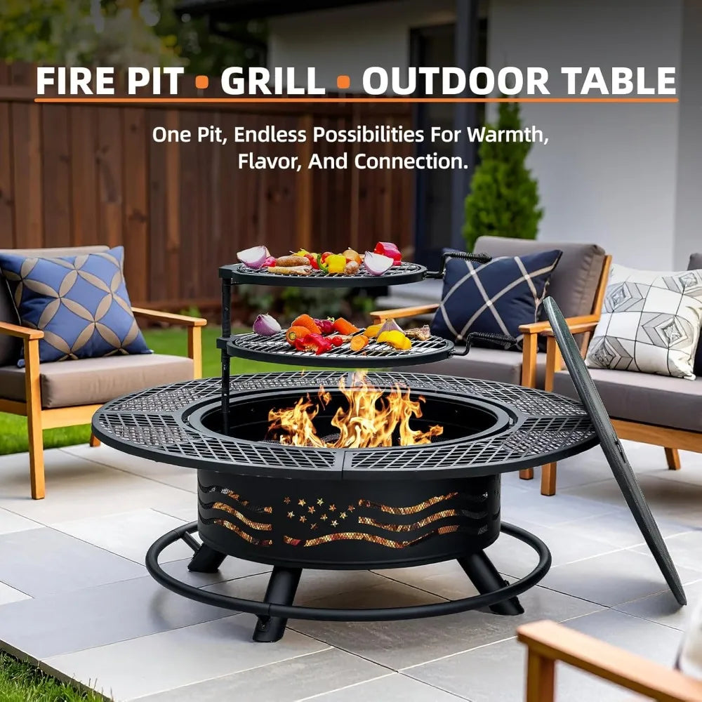 Outdoor Fire Pit With Cooking Grates And Cover Lid