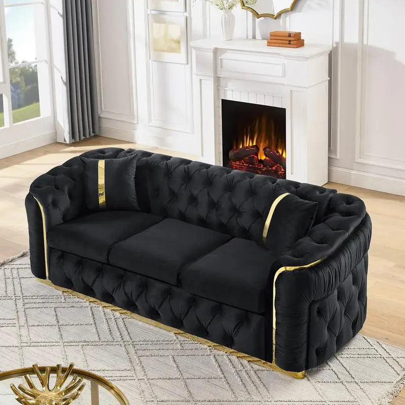 Velvet Button Tufted Chesterfield Sofa With Stainless Steel Accents