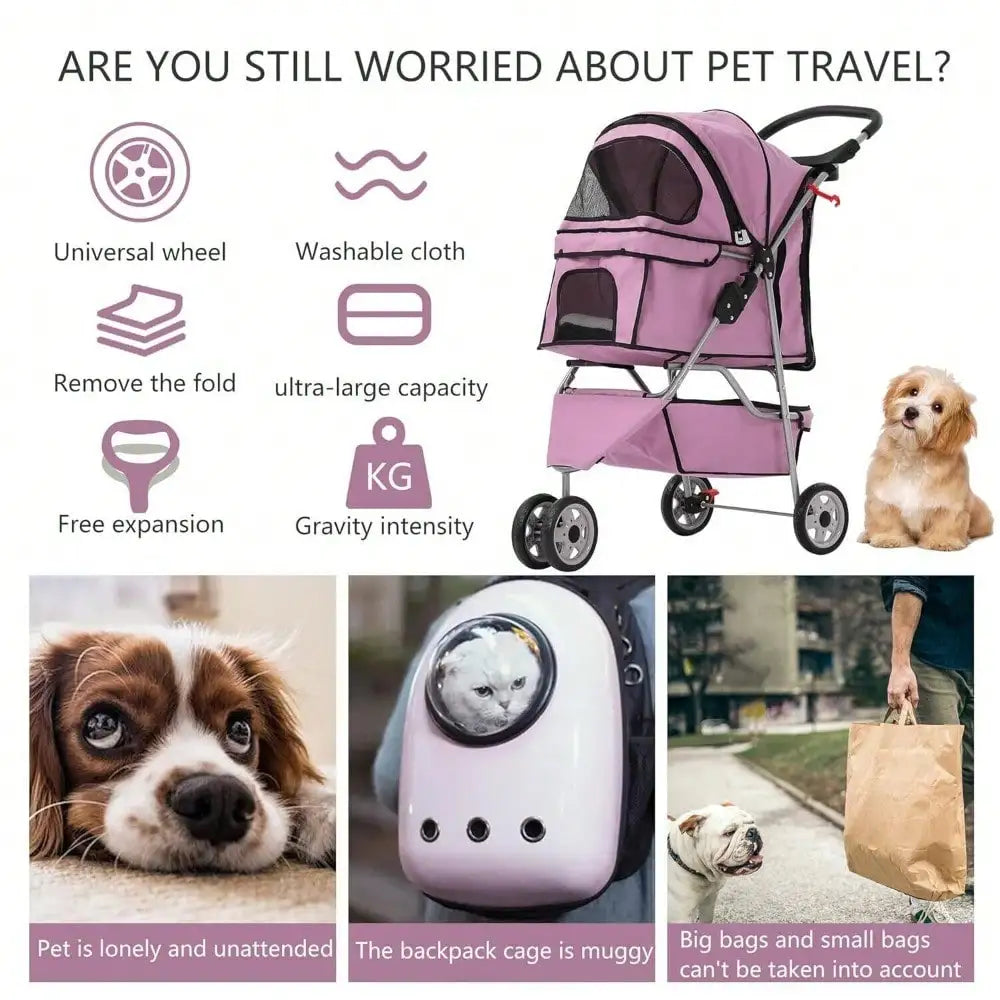 Pet Stroller For Cats And Dogs 3 Wheels Folding Carrier