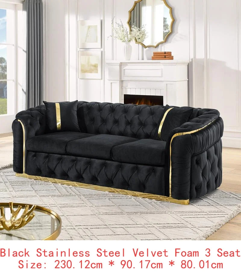 Velvet Button Tufted Chesterfield Sofa With Stainless Steel Accents