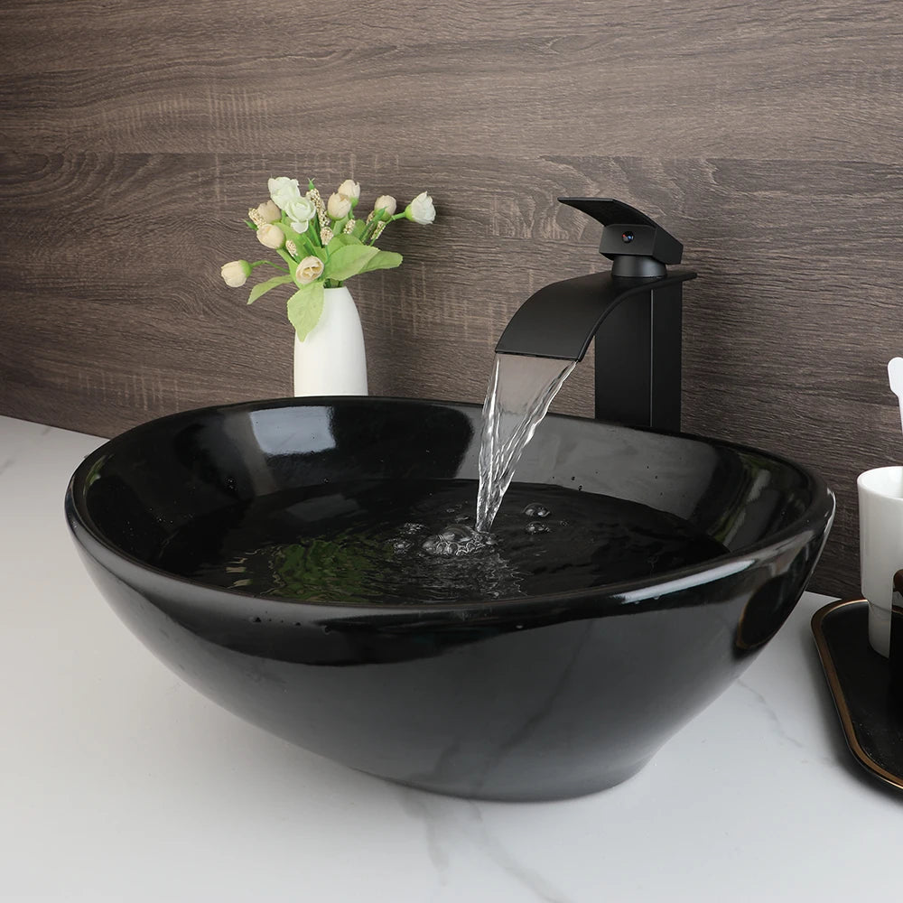 KEMAIDI Oval Vessel Sink With Faucet Marble Finish