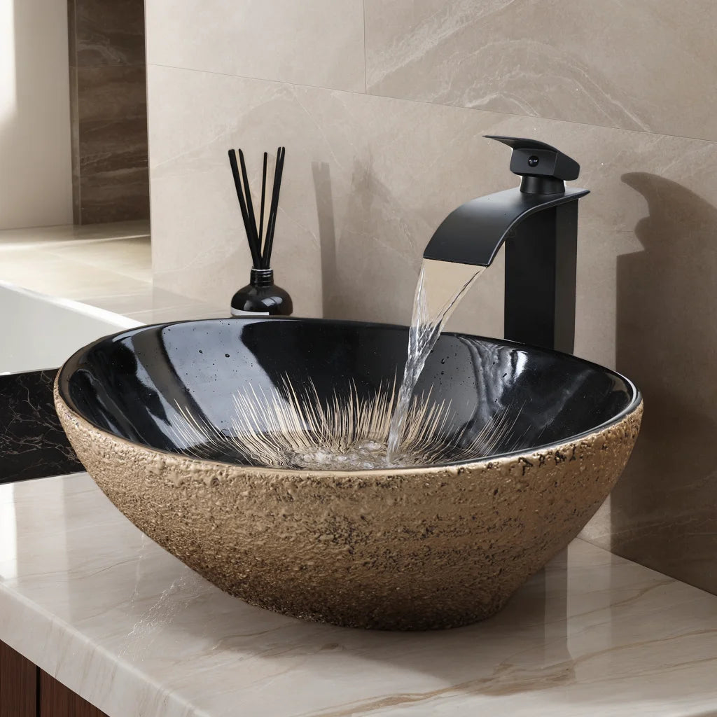 KEMAIDI Oval Vessel Sink With Faucet Marble Finish